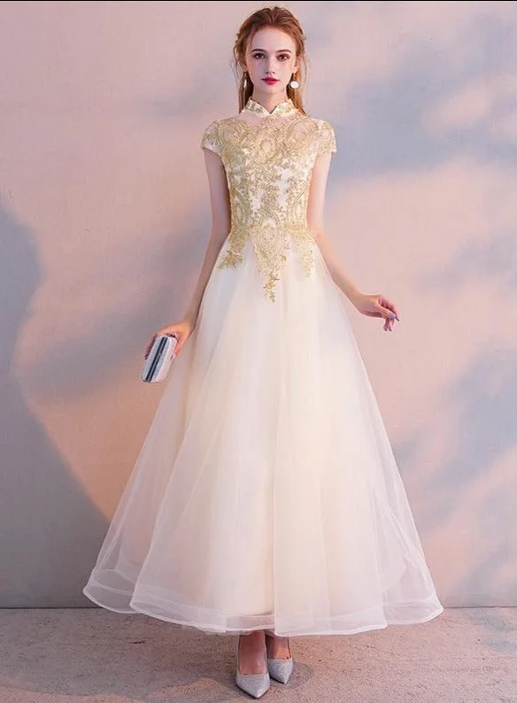 Light Champagne Cute Tulle High Neckline with Gold Lace, Lovely Long Party Dresses Formal Dresses Tunics Trousers formal