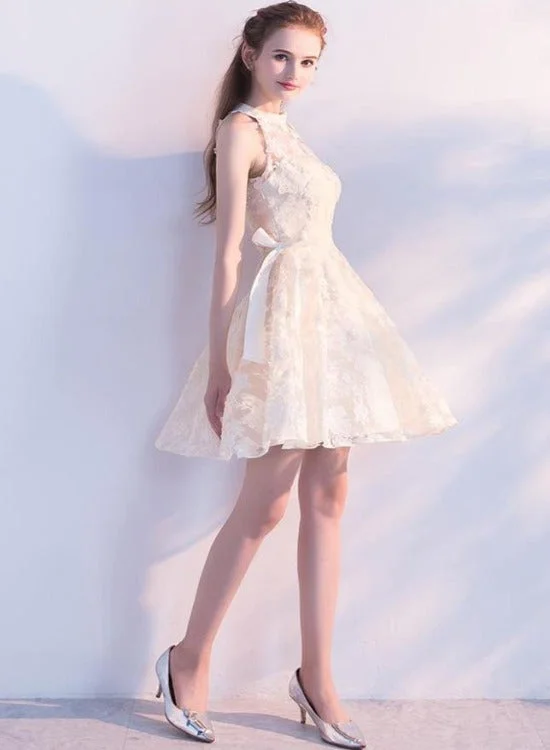 Light Champagne Lace Knee Length Halter Party Dresses, Short Lace Homecoming Dresses Tunics Modern contemporary