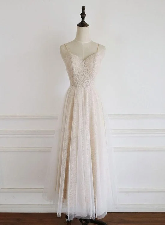 Light Champagne Lace Straps Sweetheart Party Dress Formal Dress, Tea Length Wedding Party Dress Tunics Lace romantic