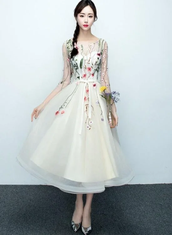 Light Champagne Tea Length Floral Lace Formal Dress Bridesmaid Dress, Cute Short Party Dresses Tunics Plaid country