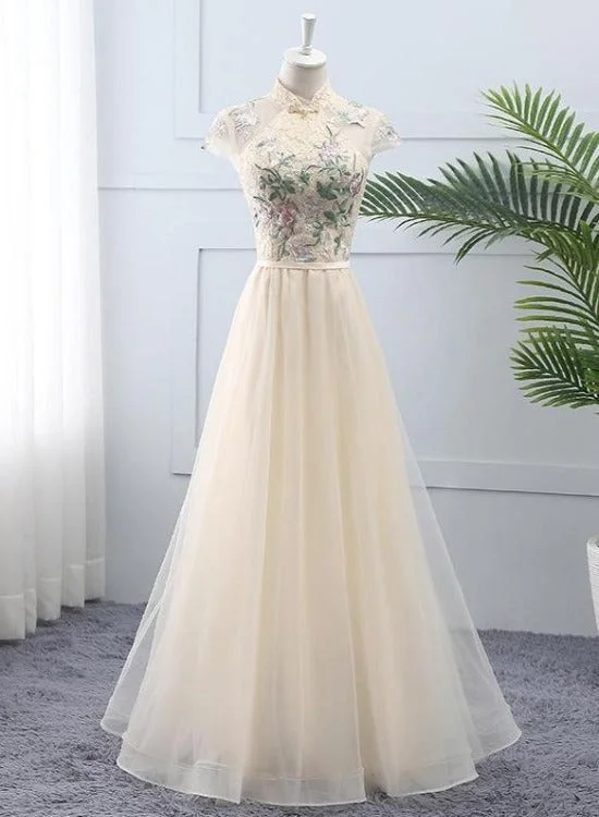 Light Champagne Tulle and Lace High Neckline Long Party Dress, A-line Tulle Bridesmaid Dress Tunics Wedding white