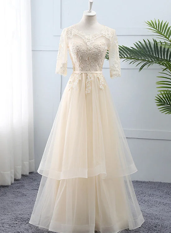 Light Champagne Tulle Lace Short Sleeves Wedding Party Dress, A-line Long Formal Dress Prom Dress Tunics Summer linen