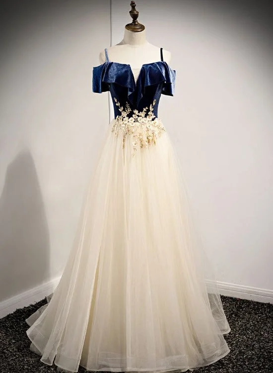 Light Champagne Tulle with Blue Velvet Long Party Dress Formal Dress, A-line Prom Dress 2022 Square Neckline Feminine