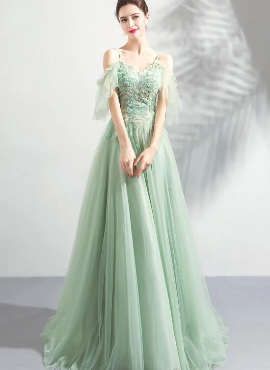 Light Green Lace Flowers V-neckline Straps Long Tulle Prom Dress, A-line Evening Dress Party Dress Boatneck Modish Everyday