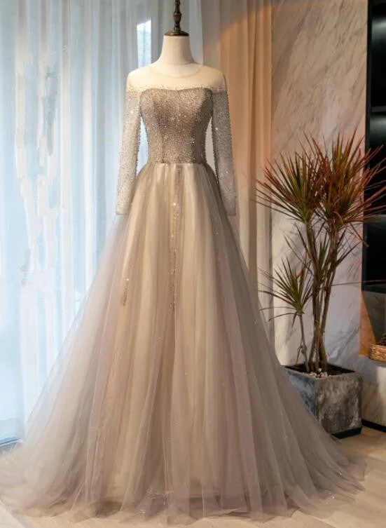 Light Grey Beaded Long Sleeves Fashionable Tulle Evening Dress, Tulle Grey Prom Dress Party Dress Tunics Occasion special