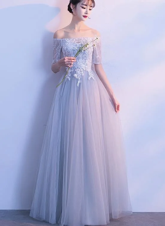 Light Grey Short Sleeves Tulle and Lace Wedding Party Dress, Cute Formal Gown Tunics Trousers formal