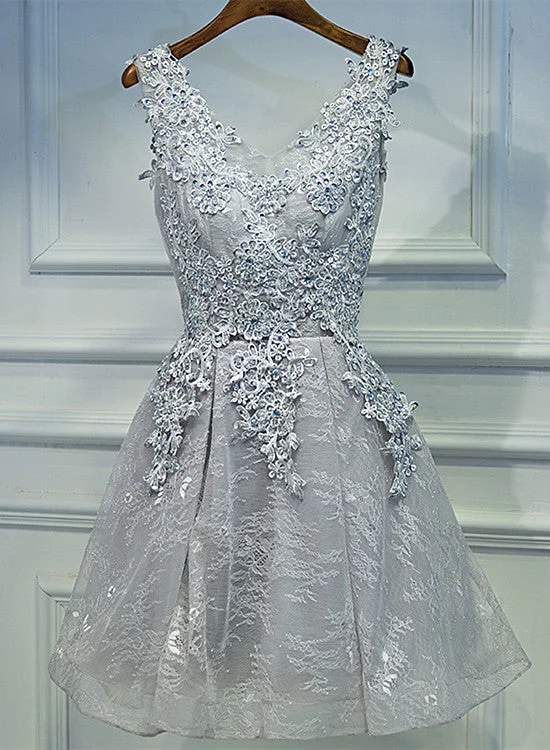 Light Grey Short V-neckline Lace Applique Party Dress, Grey Homecoming Dress Tunics Wedding white Light Grey Short V-neckline Lace Applique Party Dress, Grey Homecoming Dress Tunics Wedding white