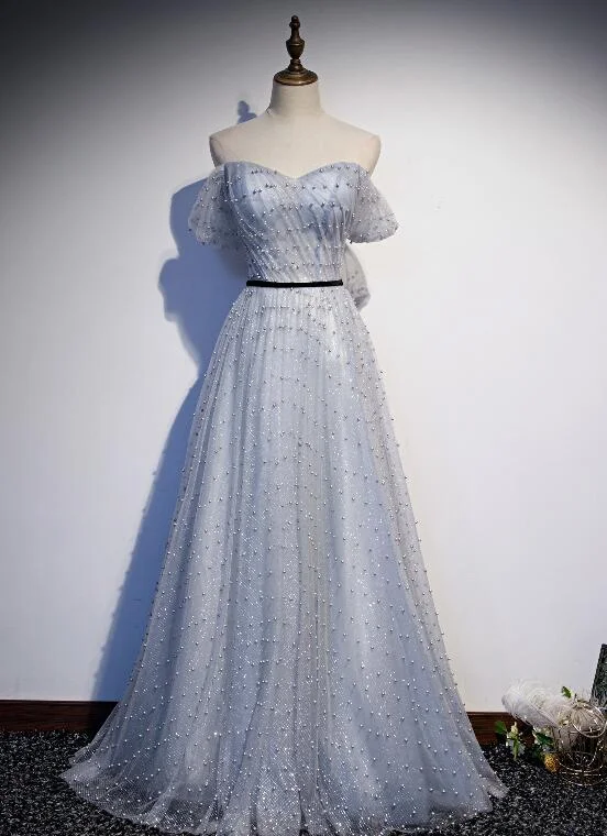 Light Grey Sweetheart Off Shoulder Long Party Dress, A-line Tulle Prom Dress Evening Dress Tunics Print Colorful