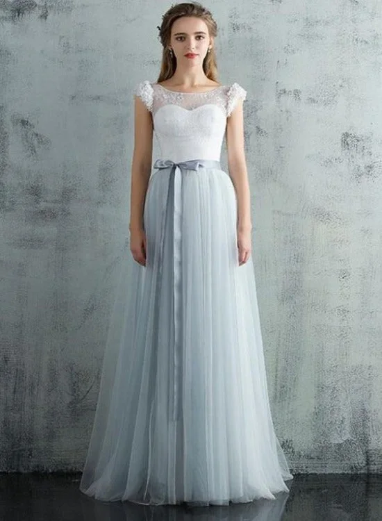 Light Grey Tulle Long Cap Sleeves Wedding Party Dress, Grey A-line Formal Dress Tunics Cozy soft Light Grey Tulle Long Cap Sleeves Wedding Party Dress, Grey A-line Formal Dress Tunics Cozy soft