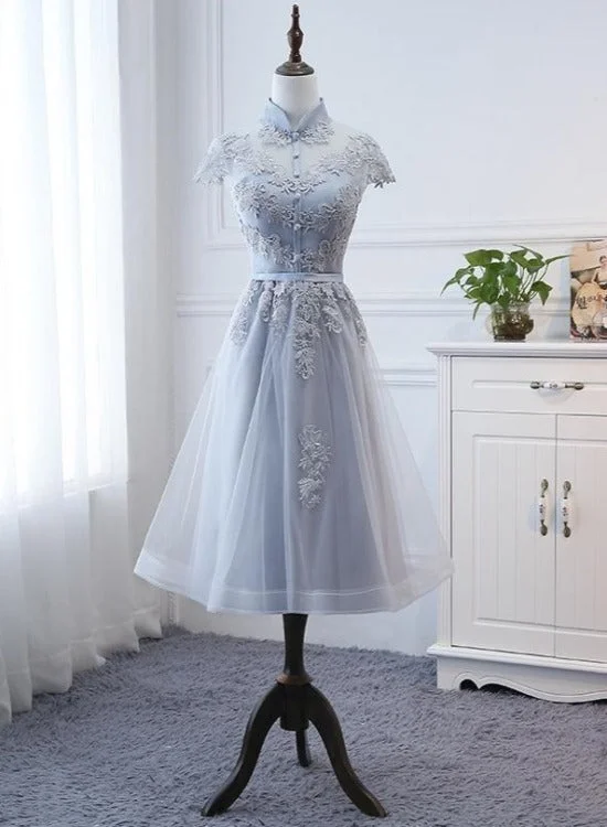 Light Grey Tulle with Lace Short Party Dress Homecoming Dress, Cap Sleeves Formal Dress Tunics Bridal satin