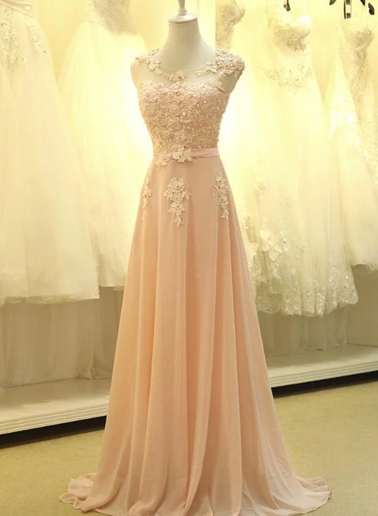 Light Pink Chiffon Lace Applique Long Formal Gown, Pink Party Dress Tunics Floral girly