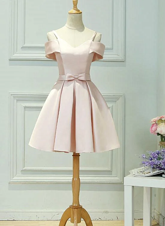 Light Pink Satin Knee Length Off Shoulder Party Dress, Short Pink Homecoming Dress Tunics New arrival Light Pink Satin Knee Length Off Shoulder Party Dress, Short Pink Homecoming Dress Tunics New arrival