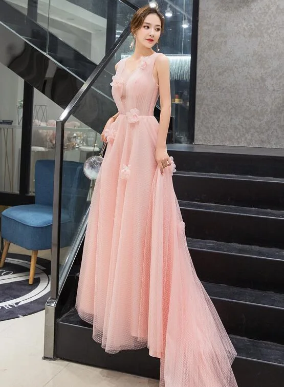 Light Pink Tulle with Flowers A-line Long Party Dress Evening Dress, Pink New Style Prom Dress Tunics Short Trendy