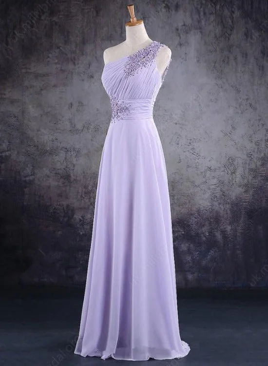 Light Purple One Shoulder Lace Applique Chiffon Party Dress, A-line Bridesmaid Dress Tunics Fashionable trendy Light Purple One Shoulder Lace Applique Chiffon Party Dress, A-line Bridesmaid Dress Tunics Fashionable trendy