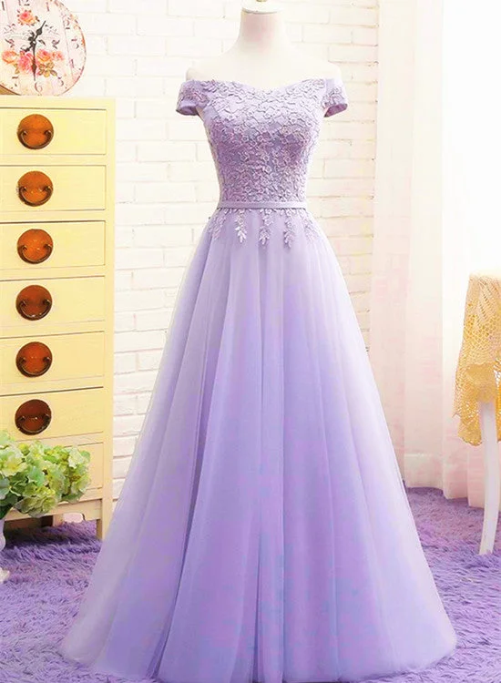 Light Purple Sweetheart Lace Applique Off Shoulder Prom Dress, A-line Long Party Dress Crew Neckline Sporty