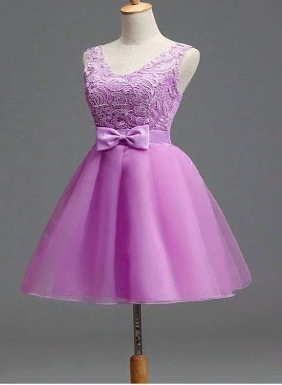 Light Purple Tulle and Lace Cute Party Dress with Bow, Lovely Tulle Party Dress with Lace-up Back Tunics Vintage classic