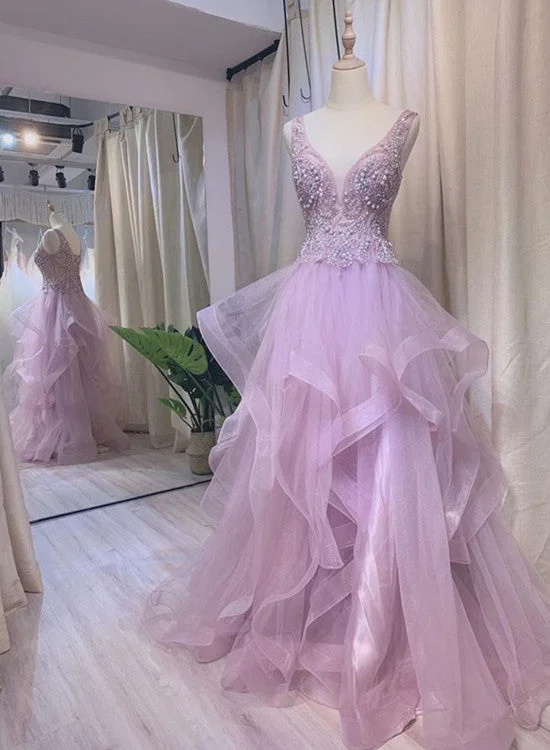 Light Purple Tulle Beaded Layers Floor Length Formal Gown, Long Purple Evening Dress Prom Dress Tunics Custom made
