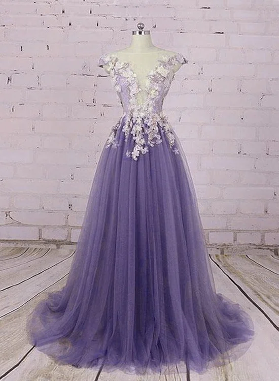 Light Purple Tulle Floral Long A-line Prom Dress Wedding Party Dress, Lace Flowers Party Dress Mermaid Tail Wedding