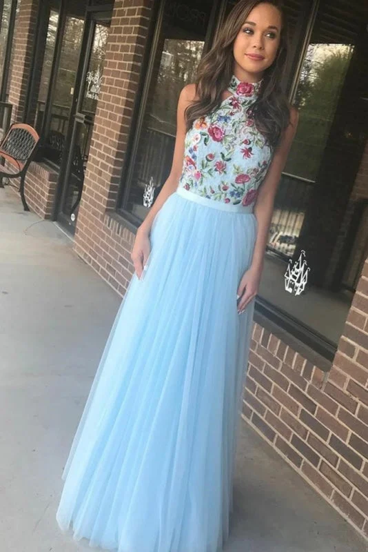 Light Sky Blue High Neck Tulle Prom with Embroidery Floor Length Evening Dress Tunics Satin smooth