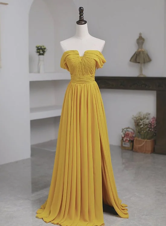 Light Yellow Chiffon Off Shoulder Sweetheart Long Party Dress, A-line Chiffon Prom Dress with Slit Turtleneck Neckline Stylish