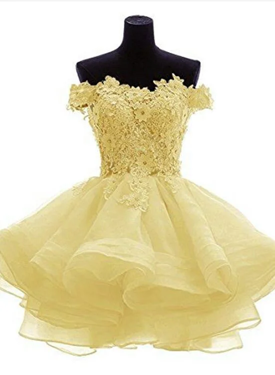 Light Yellow Off Shoulder Lovely Organza Party Dress, Cute Short Prom Dress Tunics Travel practical