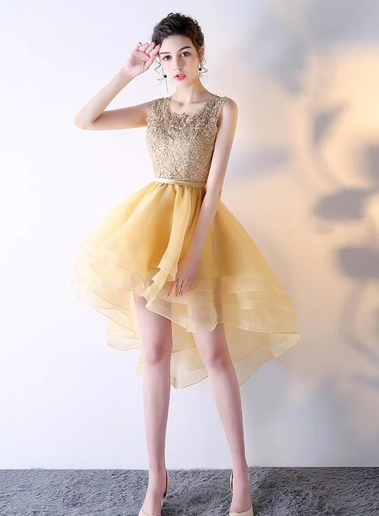 Light Yellow Organza and Lace High Low Party Dress, Short Cute Prom Dress Homecoming Dress Tunics Business professional