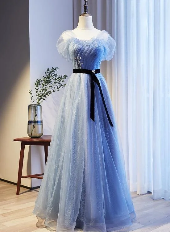 Lovely Blue Beaded Long Evening Dress New Style Party Dress, Blue Tulle Formal Dresses Tunics Fall fleece