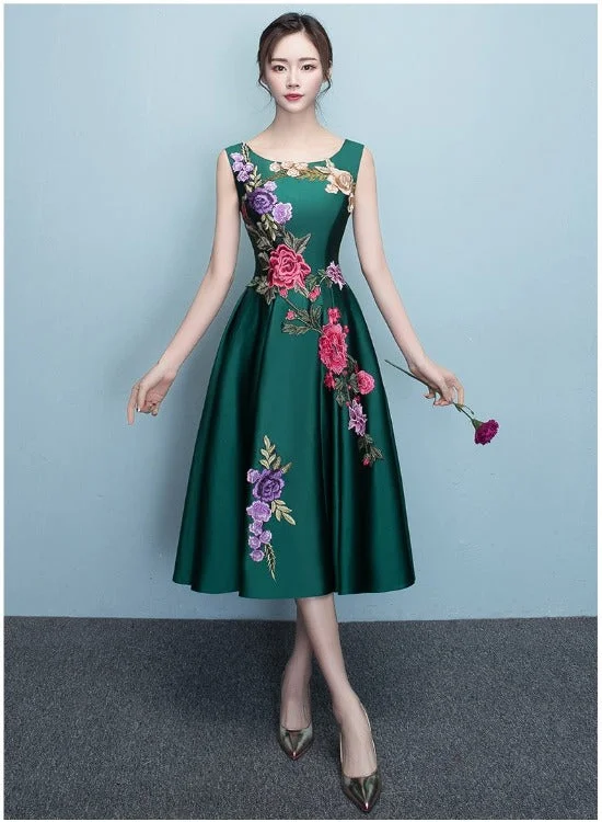 Lovely Dark Green Tea Length Simple Satin Bridesmaid Dress, Green Formal Dress Party Dress Pencil Length Work