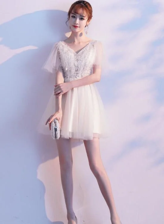 Lovely Ivory Tulle and Lace Mini Short Party Dress Graduation Dress, Cute Short Prom Dress empire Waist empire