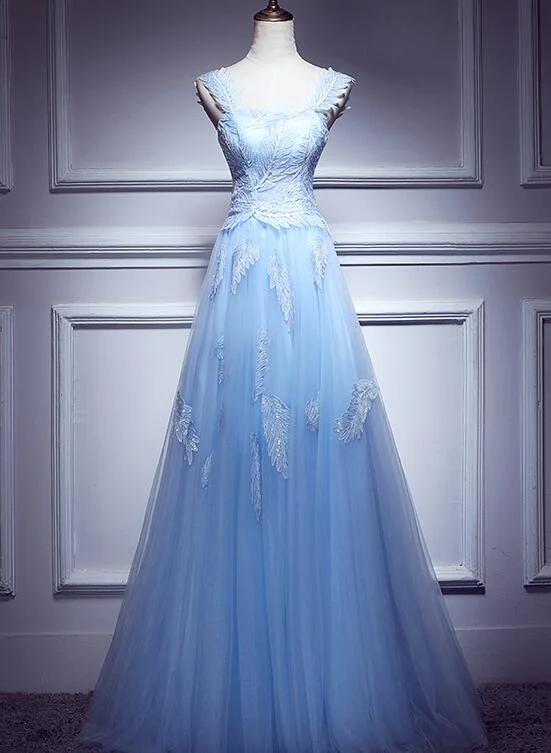 Lovely Light Blue Lace Applique Tulle Prom Dress, Blue Junior Party Dress Formal Dress Tunics Satin smooth