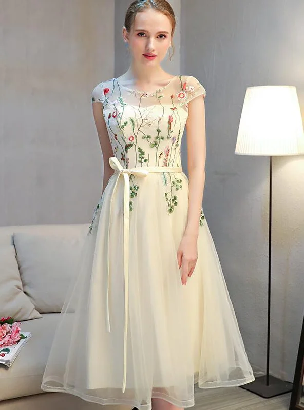 Lovely Light Champagne Cap Sleeves Floral Tea Length Party Dress, Cute Wedding Party Dresses Tunics New arrival