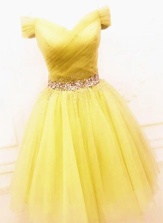 Lovely Light Yellow Short Tulle Off Shoulder Homecoming Dress, Yellow Prom Dress Party Dress Tunics Fleece cozy Lovely Light Yellow Short Tulle Off Shoulder Homecoming Dress, Yellow Prom Dress Party Dress Tunics Fleece cozy