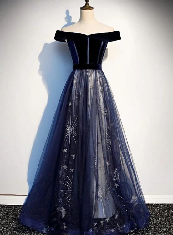Lovely Off Shoulder Velvet and Tulle Prom Dress, Navy Blue Party Dress Formal Dress Tunics Top rated Lovely Off Shoulder Velvet and Tulle Prom Dress, Navy Blue Party Dress Formal Dress Tunics Top rated