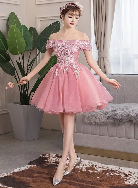 Lovely Pink Lace Applique Off Shoulder Cute Party Dress Homecoming Dress, Short Formal Dress Shift Classic Vintage