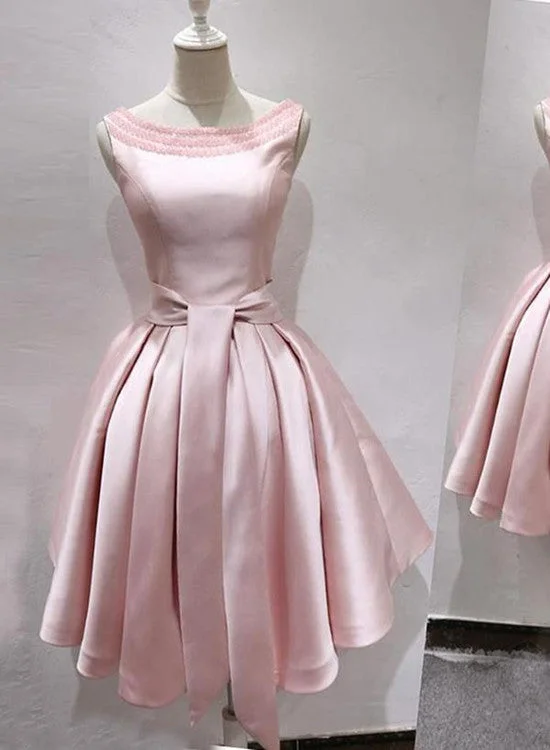 Lovely Pink Satin Round Beaded Knee Length Satin Party Dress, Pink Homecoming Dresses Tunics Versatile functional