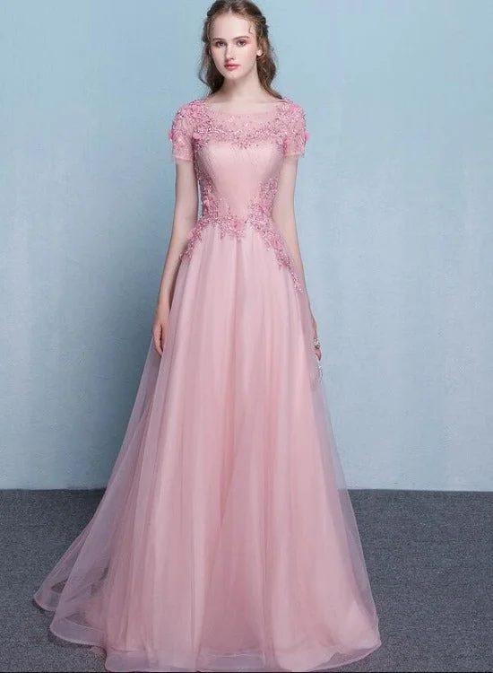Lovely Pink Tulle Long Flowers and Lace Applique Long Formal Gown, Pink Tulle Party Dress Evening Dress Tunics Gym athletic