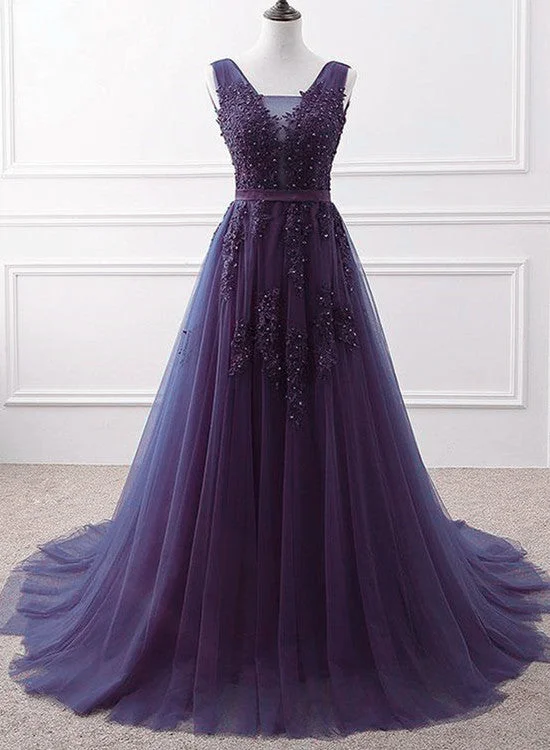 Lovely Purple Handmade Tulle V-neckline Long Party Dress, Purple A-line Bridesmaid Dress Off-the-shoulder Chic Trendy Lovely Purple Handmade Tulle V-neckline Long Party Dress, Purple A-line Bridesmaid Dress Off-the-shoulder Chic Trendy