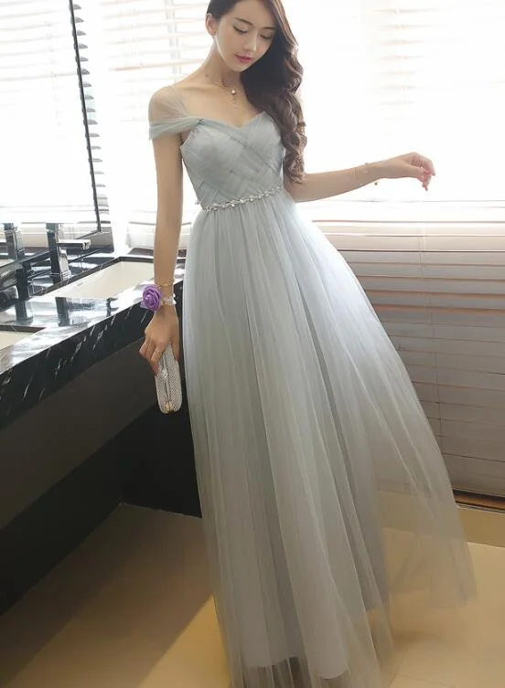 Lovely Simple Grey Tulle Floor Length Party Dress, Grey Bridesmaid Dresses Pleated Skirt Elegant