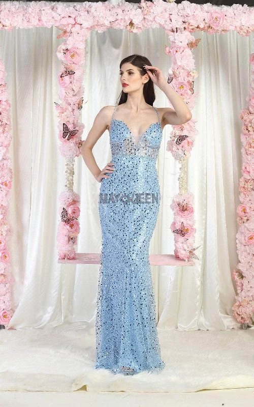 May Queen RQ7993 - Allover Sequin Evening Dress Square Neckline Feminine