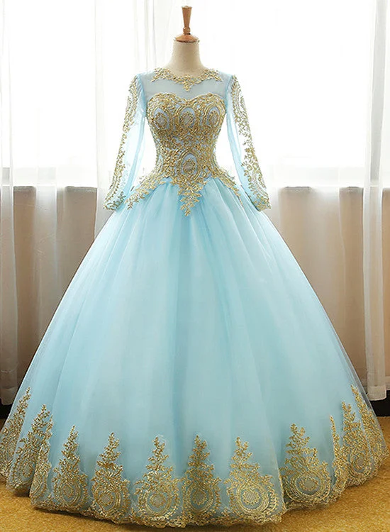 Mint Blue Long Sleeves with Gold Lace Long Party Dress, Tulle Round Neckline Sweet 16 Dress Tunics Party sparkling