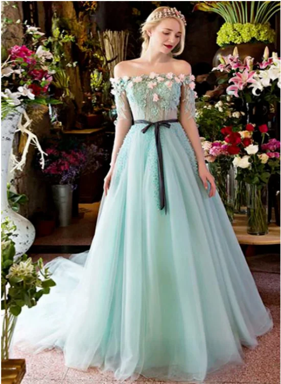 Mint Green 3D Flowers Lace Tulle Off Shoulder Party Dress, A-line Long Formal Dress Shift Classic Vintage Mint Green 3D Flowers Lace Tulle Off Shoulder Party Dress, A-line Long Formal Dress Shift Classic Vintage