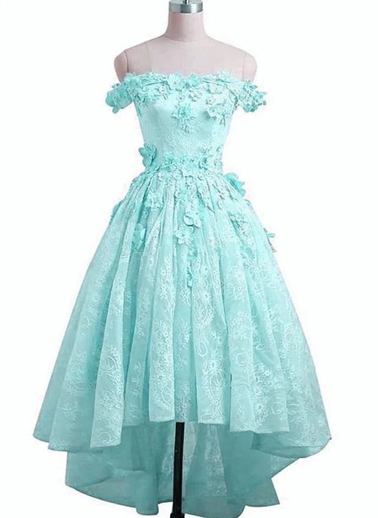 Mint Green Lace Off Shoulder High Low Party Dress, Short Prom Dress Formal Dress Tunics Party sparkling Mint Green Lace Off Shoulder High Low Party Dress, Short Prom Dress Formal Dress Tunics Party sparkling