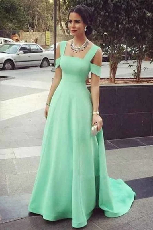 Mint Green Straps Sweep Train Prom Dress Simple A Line Long Evening Dresses Tunics Travel practical