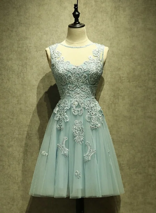 Mint Green Tulle Short Lace Beaded Knee Length Wedding Party Dress, Lovely Homecoming Dress Prom Dress Crew Neckline Casual