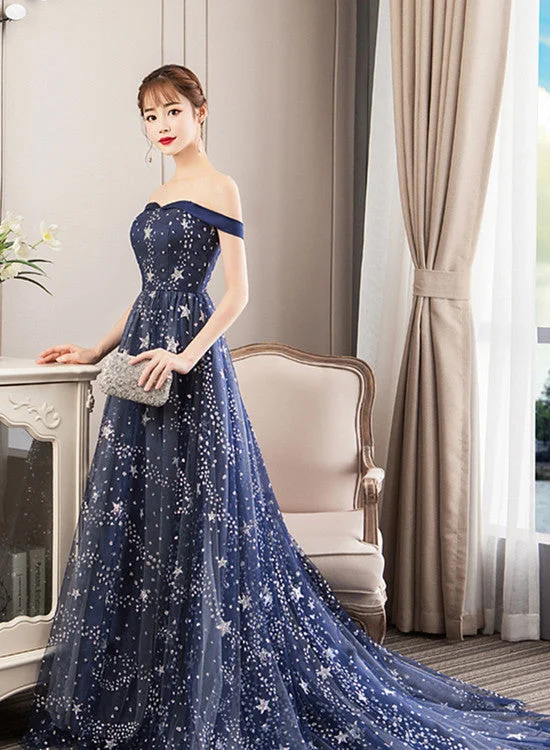Navy Blue Charming Off Shoulder Long Formal Dress , Blue Lace A-line Wedding Party Dress Tunics Floral girly Navy Blue Charming Off Shoulder Long Formal Dress , Blue Lace A-line Wedding Party Dress Tunics Floral girly