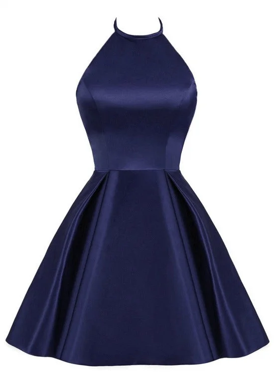 Navy Blue Cute Halter Satin Short Homecoming Dress, Blue Prom Dress Party Dress Tunics Trendy modern