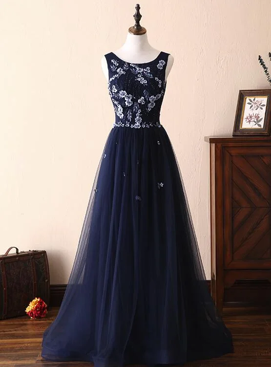 Navy Blue Flower with Applique Round Neckline Wedding Party Dress, Floor Length Party Dress Tunics Evening elegant