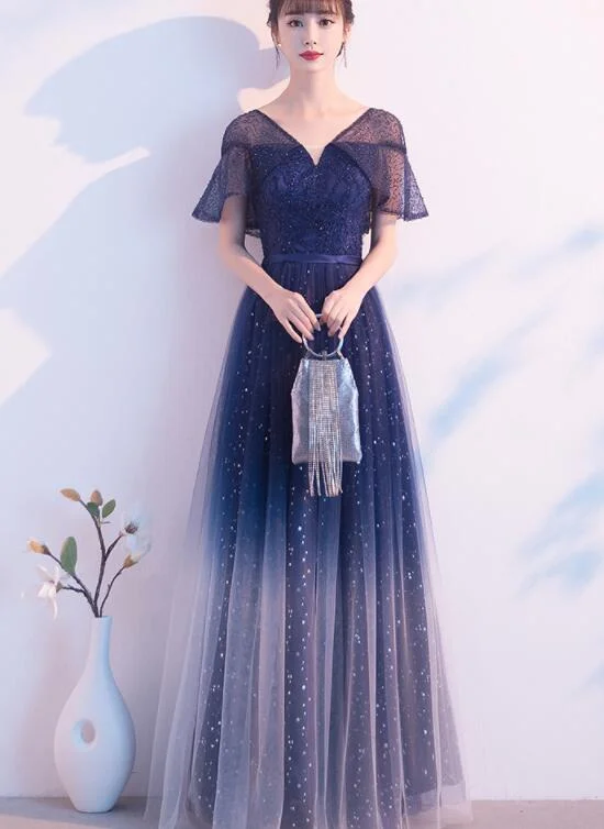 Navy Blue Gradient V-neckline Shiny Tulle A-line Prom Dress Party Dress, Blue Tulle Short Bridesmaid Dress Tunics Sophisticated sleek