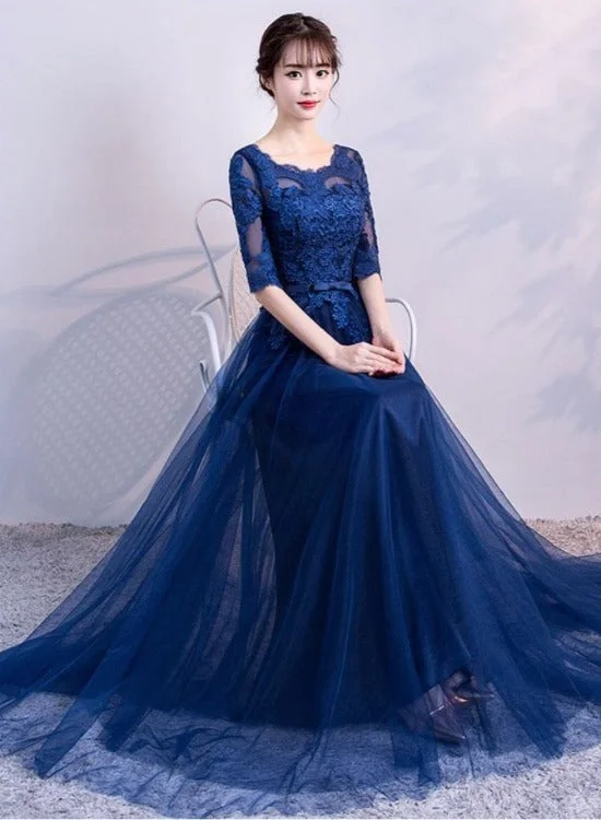 Navy Blue Lace and Tulle Lovely Round Neckline Party Dress, A-line Blue Prom Dress Bridesmaid Dress Mermaid Tail Wedding