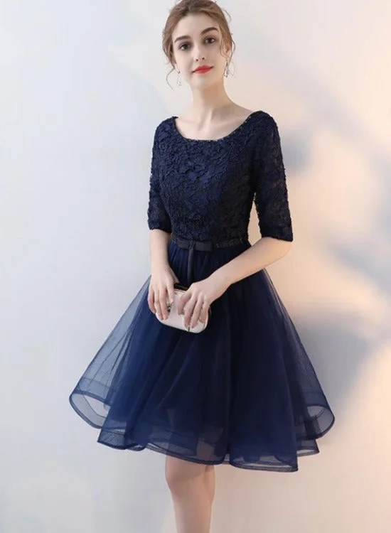 Navy Blue Lace and Tulle Short Sleeves Homecoming Dress Party Dress, Round Neckline Prom Dresses Tunics Satin smooth